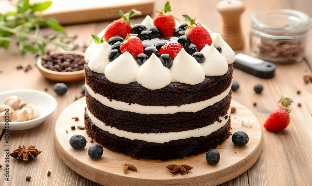 Delicious chocolate cake topped with berries and whipped cream Delicious chocolate cake topped with berries and whipped cream