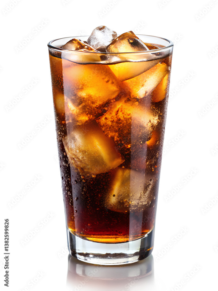 A refreshing glass of iced cola filled with large ice cubes and bubbles, served cold against a white background A refreshing glass of iced cola filled with large ice cubes and bubbles, served cold against a white background