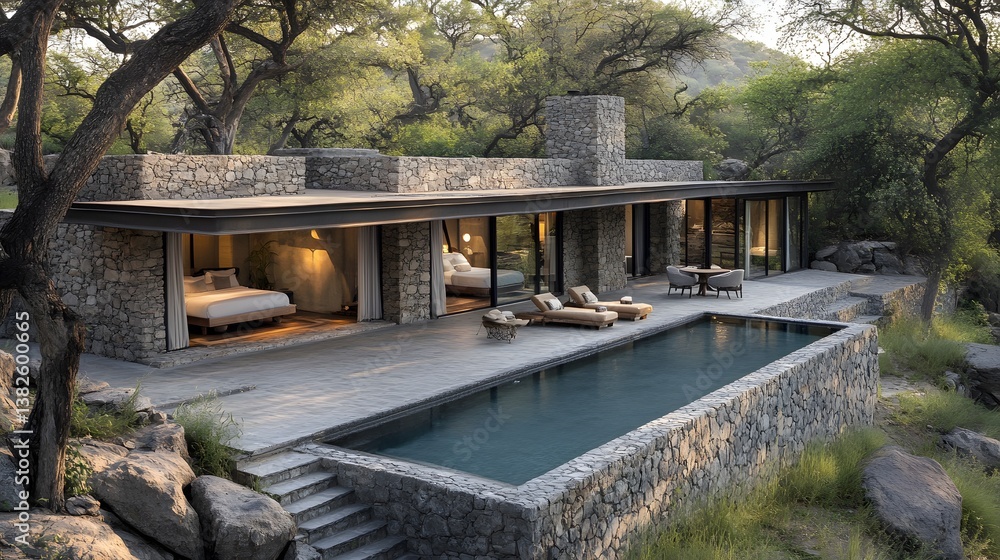 Fototapeta premium Modern eco-friendly house with pool surrounded by beautiful nature providing a luxurious sustainable retreat