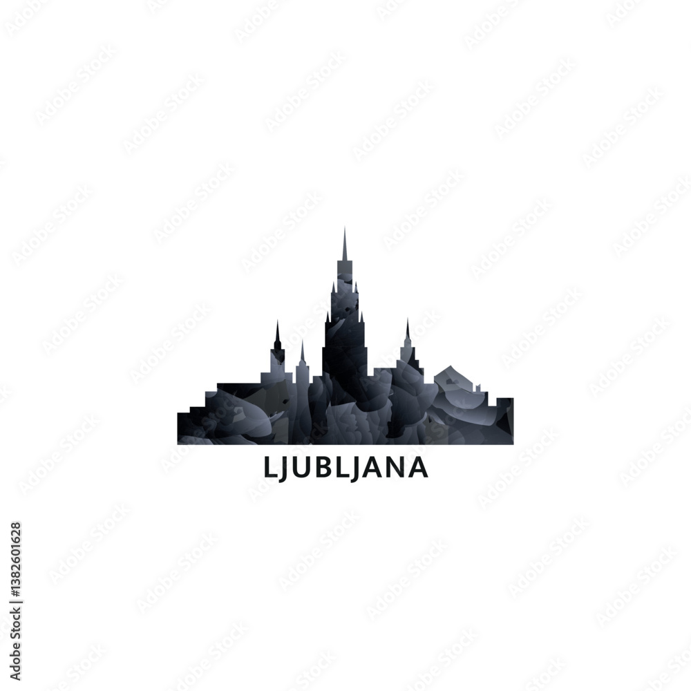 Naklejka premium Ljubljana panorama, vector badge, skyline logo and icon. Slovenia capital city horizon logotype with landmarks and building silhouettes. Isolated foggy abstract gradient graphic