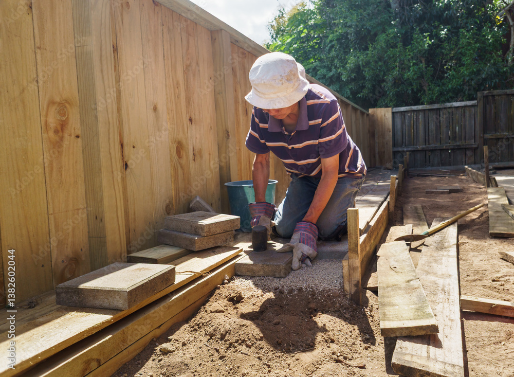 Man laying brick pavers in the backyard garden.