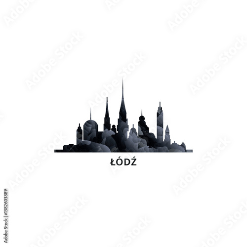 Lodz panorama, vector badge, skyline logo and icon. Poland city horizon logotype with landmarks and building silhouettes. Isolated foggy abstract gradient graphic