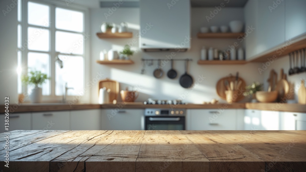 Empty wooden table with a bright white kitchen interior as a blurred background featuring bokeh effects. Empty wooden table with a bright white kitchen interior as a blurred background featuring bokeh effects.