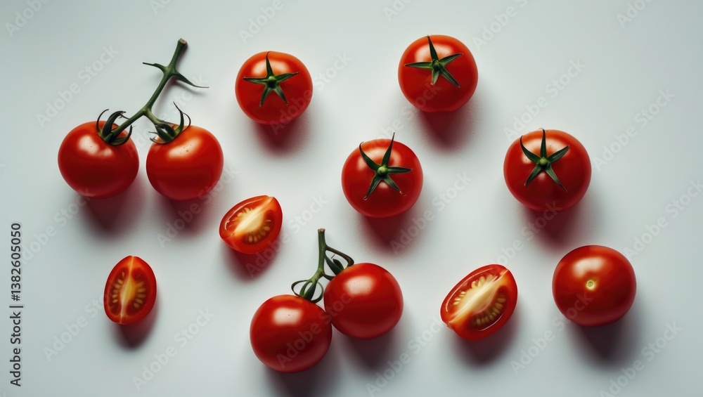 Flat lay arrangement featuring fresh cherry tomatoes on a backdrop. Ripe vegetables. Flat lay arrangement featuring fresh cherry tomatoes on a backdrop. Ripe vegetables.