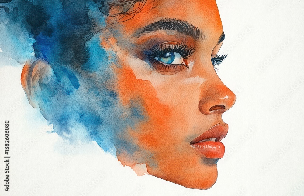 Fototapeta premium watercolor portrait of african american woman with curly afro hair and blue orange tones in minimalist abstract style