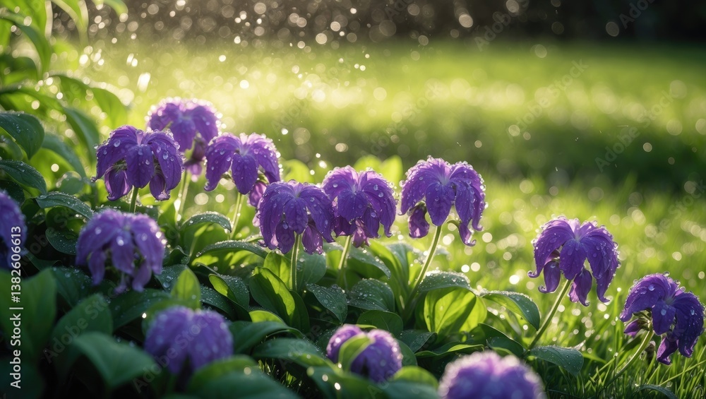 Irrigation system watering the green grass with defocused background.