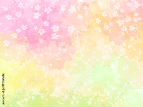 春の桜と花びらイメージのテクスチャー背景素材。桜並木と春の花々や草木と桜吹雪が重なるイメージ。