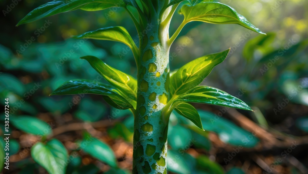 Fototapeta premium Elephant foot yam plants thrive in garden bushes.
