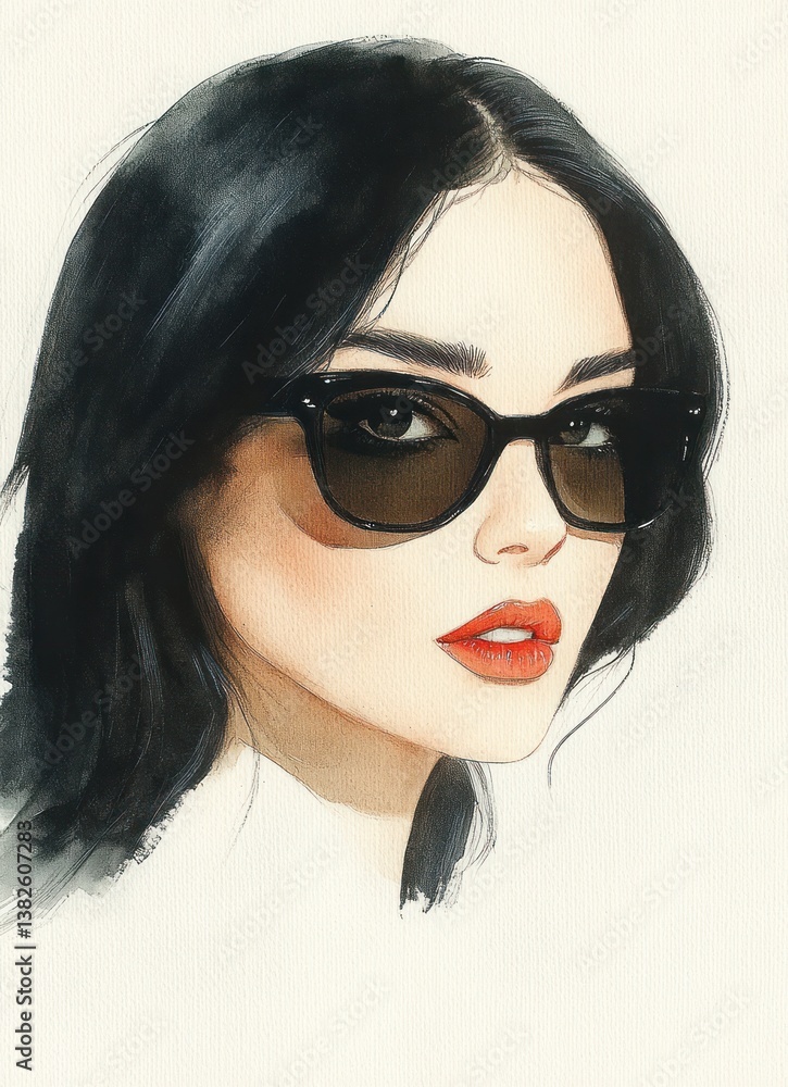 Elegant Portrait of a Woman with Glasses and Black Hair in Modern Watercolor Style