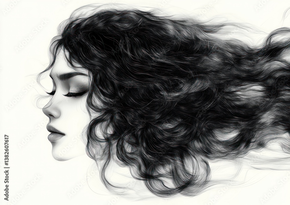 Fototapeta premium Monochromatic Abstract Artwork Black Hair Flowing Smooth Gradient Background Minimalist Fashion Illustration
