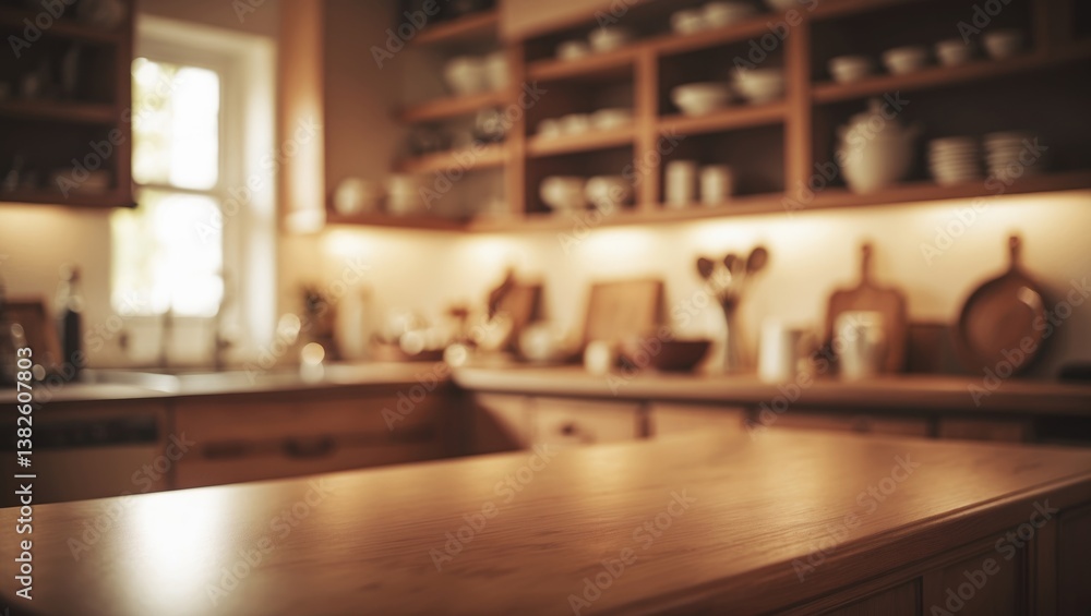 Empty wooden table in front of a kitchen, with a blurred background and a warm mood. Modern minimalist wood counter with decorative textured patterns, showcasing food and home decor products.