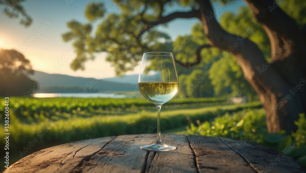 Obraz premium Glass of white wine placed on a wooden rail with a rural scene in the background. Green leaves and a calm summer sunny day. Space for text. Alcoholic beverages in the backyard. Delicious and flavor...