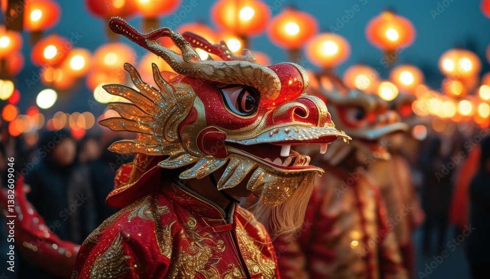 Fototapeta premium Traditional dragon head costume performer at cultural festival with vibrant lanterns and copy space