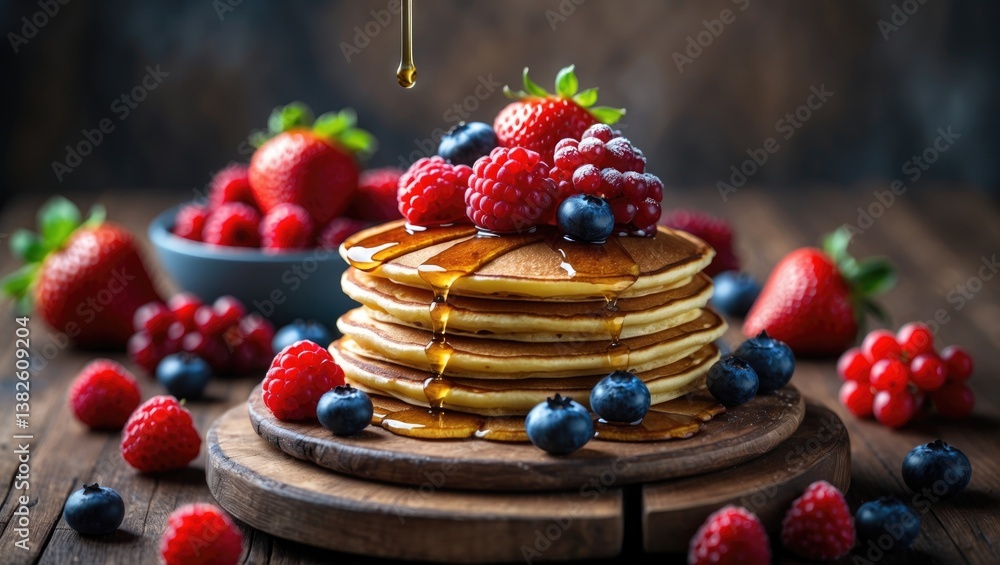 Tasty pancakes served on a wooden table with fruits. Tasty pancakes served on a wooden table with fruits.