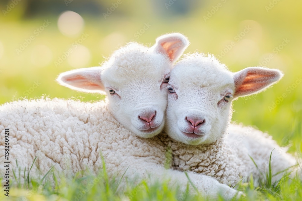 Obraz premium Two cute lambs nestled together in a sunny meadow during springtime