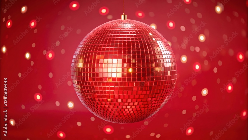 Obraz premium Vibrant red disco ball on glittering background for party and event design with copy space