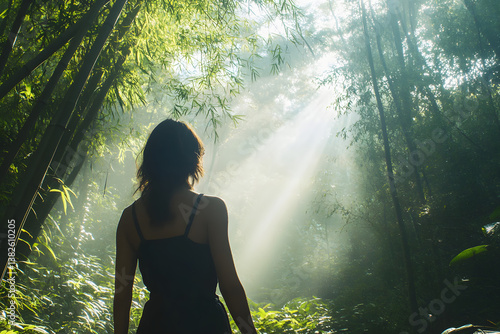 A woman hiking in the bamboo forest, with sunlight filtering through the tall trees creating an enchanting and misty atmosphere.