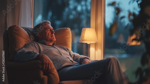 senior man relaxing in comfortable chair by window at dusk