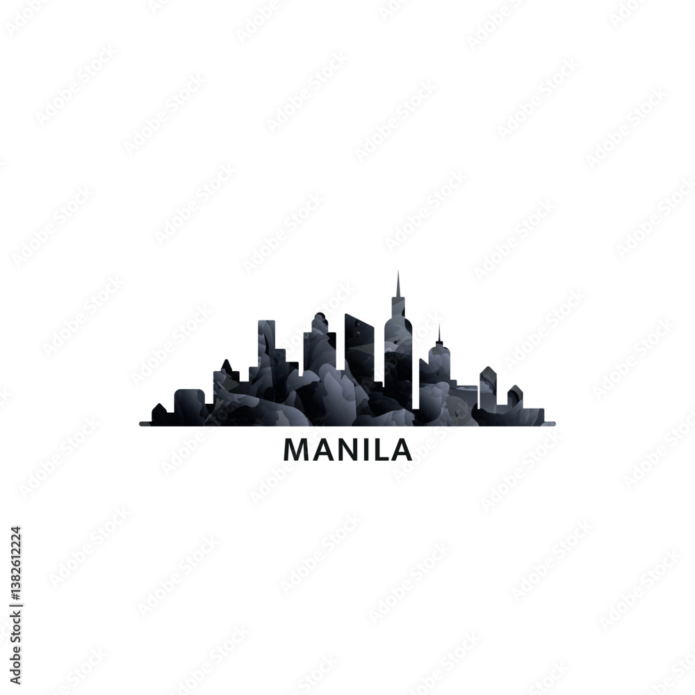 Fototapeta premium Manila panorama, vector badge, skyline logo and icon. Philippines capital city horizon logotype with landmarks and building silhouettes. Isolated foggy abstract gradient graphic
