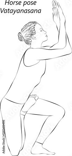 Sketch of young woman practicing Vatayanasana yoga pose. Horse yoga pose or Flying Horse pose. Isolated vector illustration.