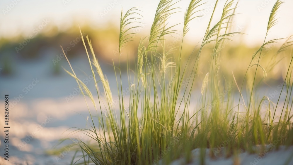 Delicate grass blades emerge from the sand, gently swaying in the coastal breeze. Their silvery-green stalks form a captivating design against the textured surface. Delicate grass blades emerge from the sand, gently swaying in the coastal breeze. Their silvery-green stalks form a captivating design against the textured surface.
