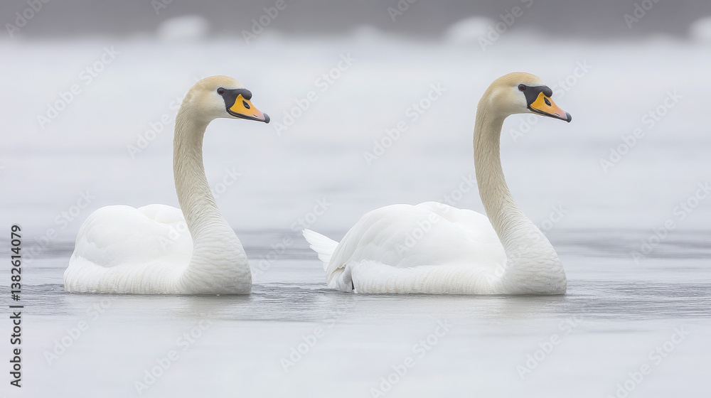 Obraz premium Two swans gracefully swim on a serene, icy lake, showcasing their elegant forms.