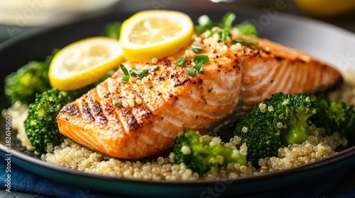 Exquisite grilled salmon fillet resting gracefully on a quinoa and broccoli medley