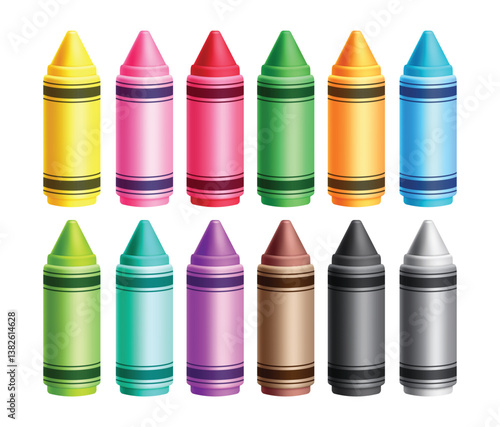 Colorful crayons elements clipart set. 3d wax crayons for school drawing art materials clip art collection multicolored realistic tool elements vector illustration.
