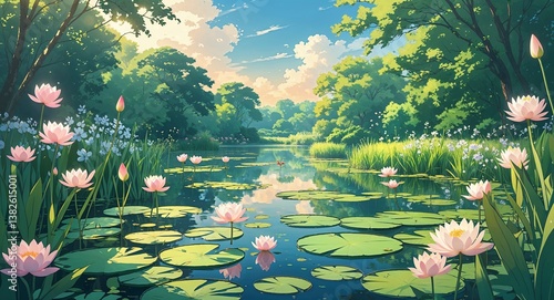 A tranquil pond with lily pads and blooming flowers on a sunny spring afternoon anime cartoon style illustration artwork design background