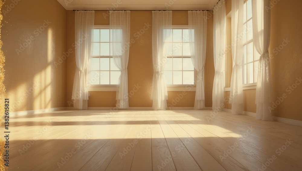 Obraz premium Empty wooden floor close-up with ceiling and doors in the room reflecting light.