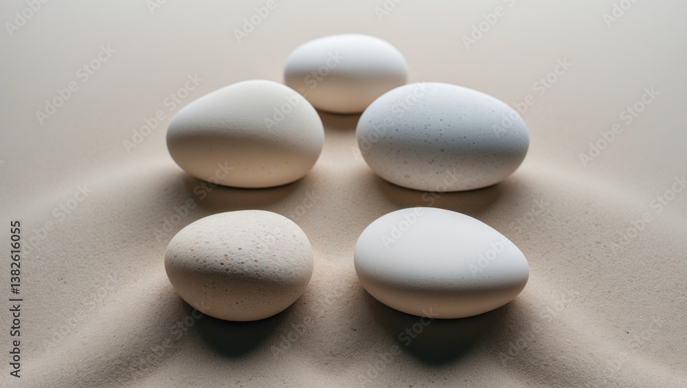 Aesthetic minimal design featuring a collection of stones on a sandy background. Square arrangement of neutral-colored natural stones. Theme of harmony, balance, and relaxation. Top view, flat lay. Aesthetic minimal design featuring a collection of stones on a sandy background. Square arrangement of neutral-colored natural stones. Theme of harmony, balance, and relaxation. Top view, flat lay.