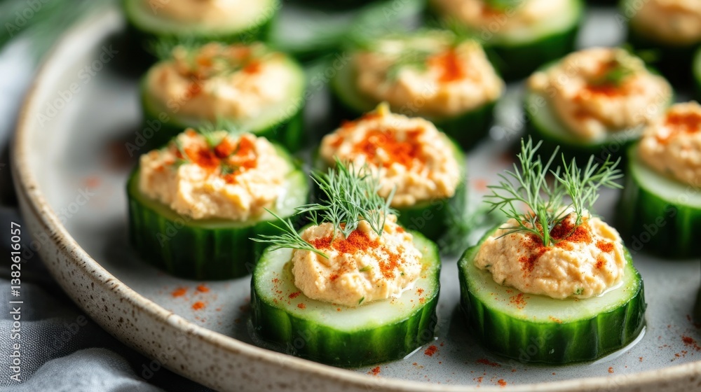 Cucumber bites topped with hummus, paprika, and dill served as healthy appetizers Cucumber bites topped with hummus, paprika, and dill served as healthy appetizers
