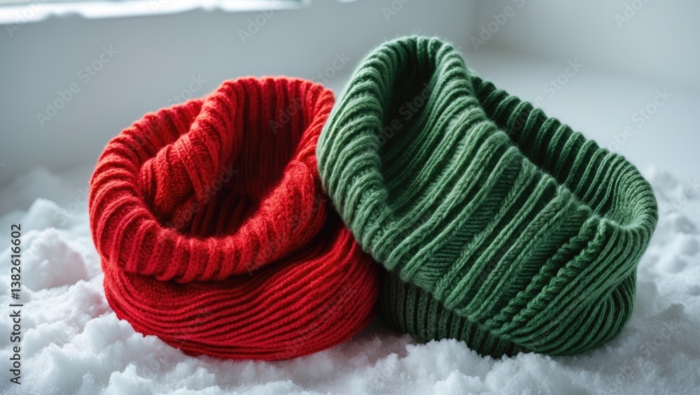Warm scarves in red and green on a backdrop. Warm scarves in red and green on a backdrop.