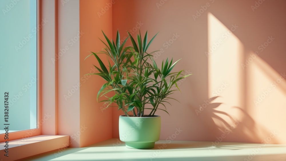 Decorative palm in a contemporary flower pot illuminated by sunlight against a wall backdrop. The plant's leaf shadows on the wall. Home gardening concept. Selective focus. Decorative palm in a contemporary flower pot illuminated by sunlight against a wall backdrop. The plant's leaf shadows on the wall. Home gardening concept. Selective focus.