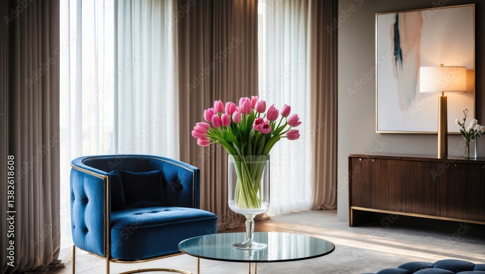 Fototapeta premium Real image of a blue chair positioned on a rug within a spacious interior living room featuring walls and wooden flooring adjacent to a shelf and a table.