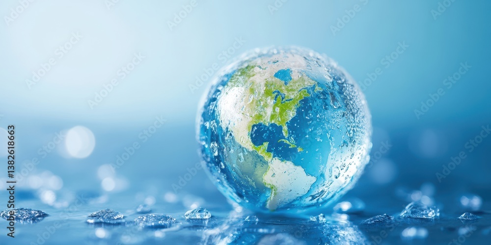 A crystal-clear globe reflecting Earth, surrounded by shimmering water droplets, symbolizing the beauty and fragility of our planet. global warming crisis, environmental activism A crystal-clear globe reflecting Earth, surrounded by shimmering water droplets, symbolizing the beauty and fragility of our planet. global warming crisis, environmental activism