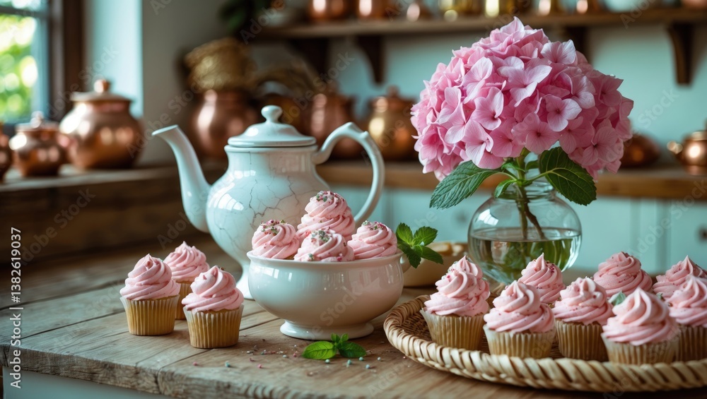 White teapot, pink cupcakes, and hydrangea flowers arranged on a kitchen table. Breakfast featuring sweets served on a straw tray. Tea time, cozy home atmosphere. Still life. White teapot, pink cupcakes, and hydrangea flowers arranged on a kitchen table. Breakfast featuring sweets served on a straw tray. Tea time, cozy home atmosphere. Still life.