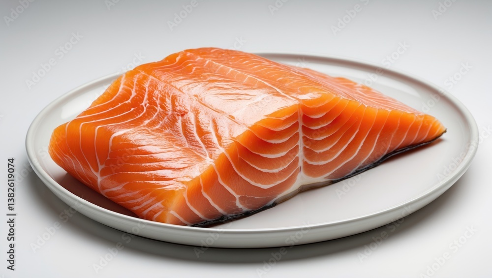 raw salmon fillet on a white dish against a white backdrop raw salmon fillet on a white dish against a white backdrop
