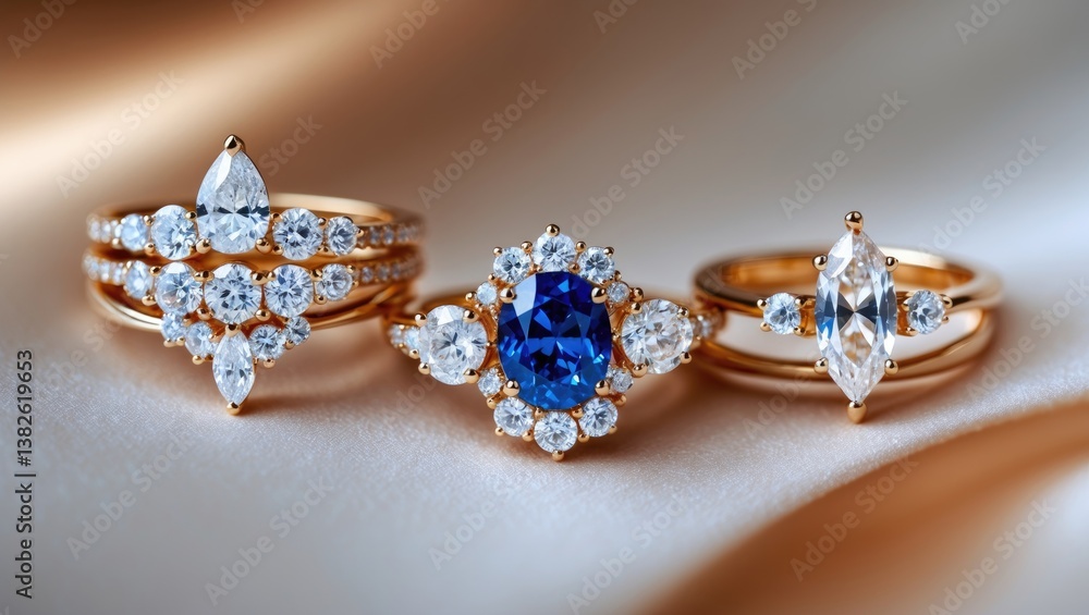 Expensive diamond rings displayed in a collective photo. Expensive diamond rings displayed in a collective photo.