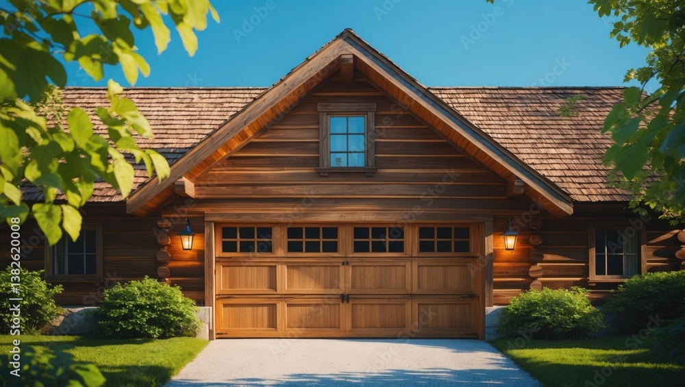 A timber building featuring an expansive garage door.