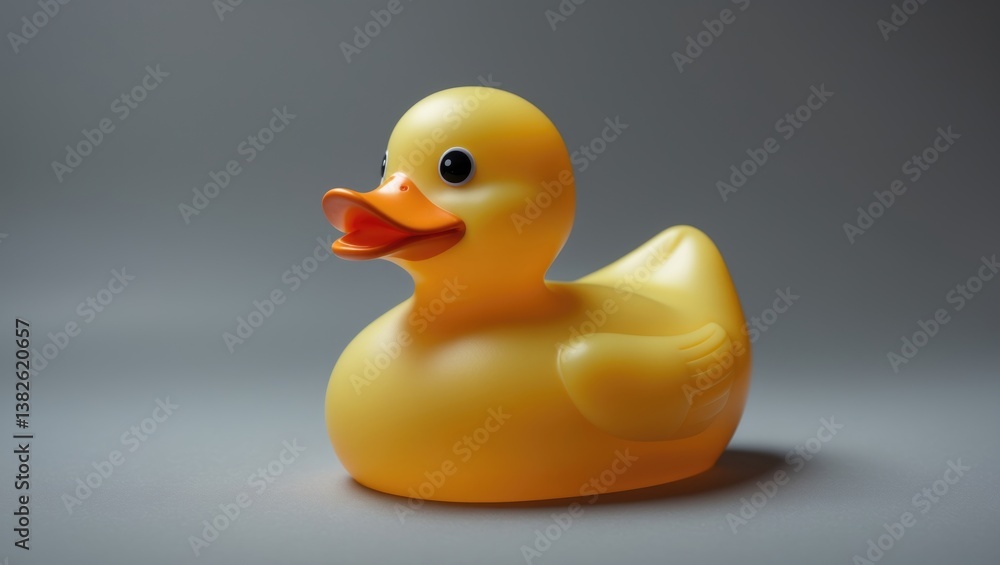 A yellow rubber duck toy is positioned against a gray backdrop. A yellow rubber duck toy is positioned against a gray backdrop.