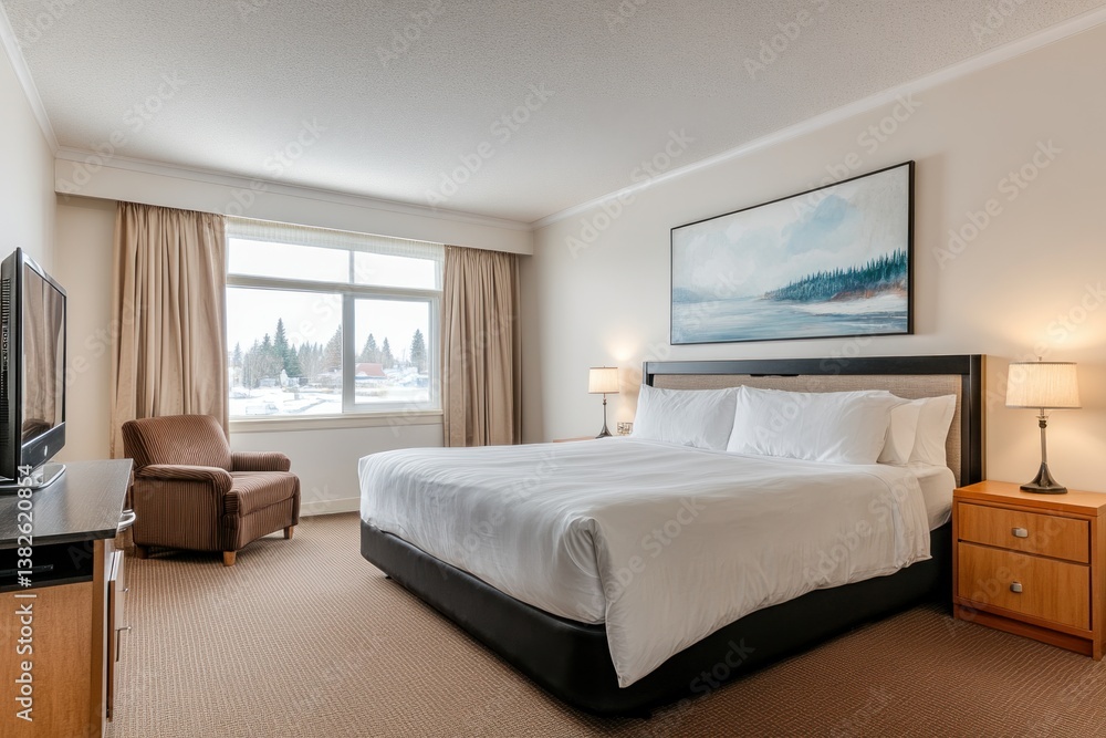 Fototapeta premium A spacious and comfortable bedroom with a large bed inside