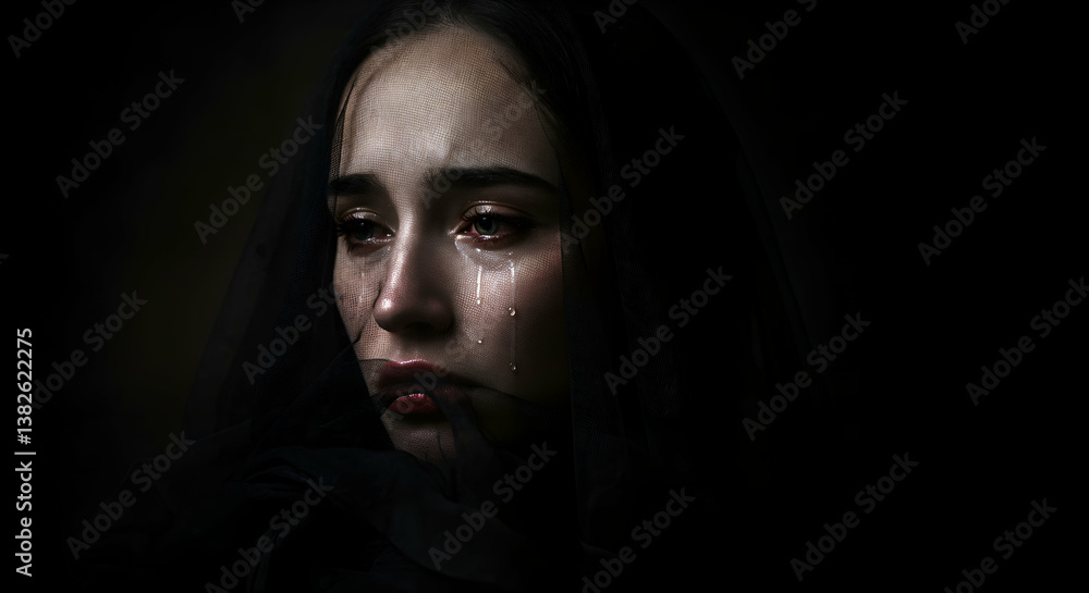 A veiled woman, tears falling silently, reflecting profound mourning and introspection A veiled woman, tears falling silently, reflecting profound mourning and introspection