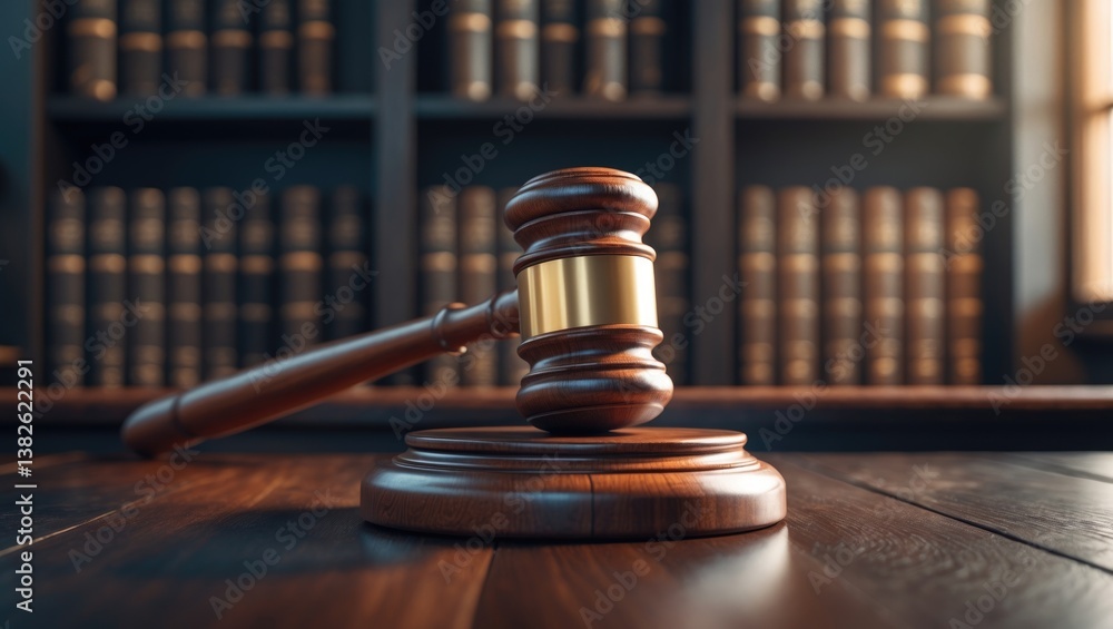 Judicial gavel placed on the judge's table. Concept of the legal zone within the punishment system. Judgment of penalties and clemency. The hammer of the judge symbolizes law.
