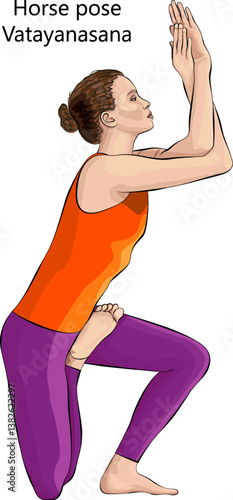 Young woman practicing Vatayanasana yoga pose. Horse yoga pose or Flying Horse pose. Intermediate Difficulty. Isolated vector illustration.