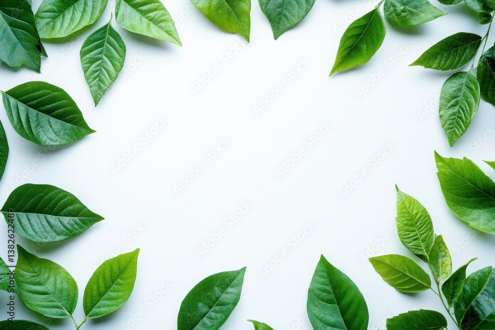Fototapeta premium Fresh green leaves arranged in a circular pattern on a plain white background