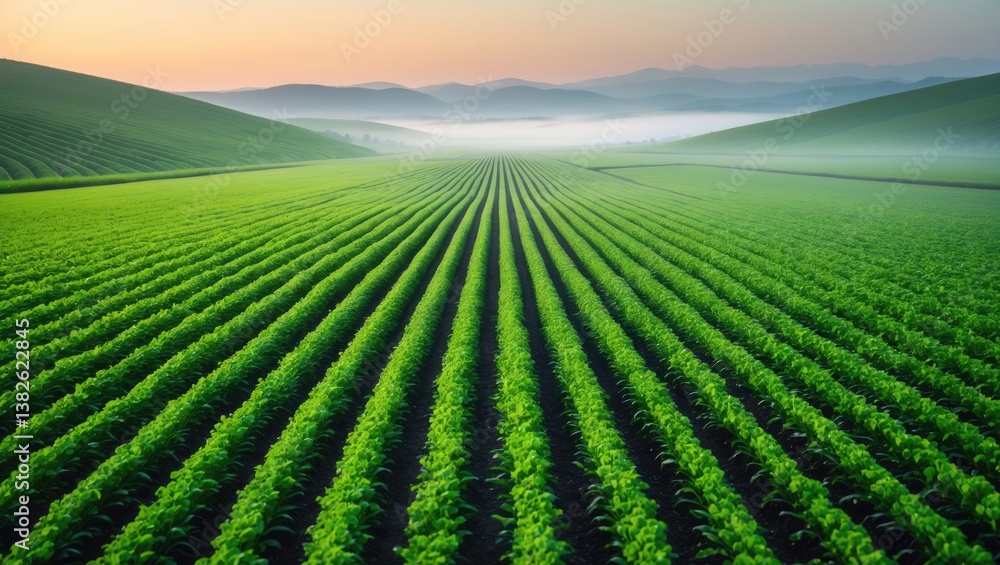 A morning view of the rows in a potato field within the rolling fertile farm fields. A morning view of the rows in a potato field within the rolling fertile farm fields.