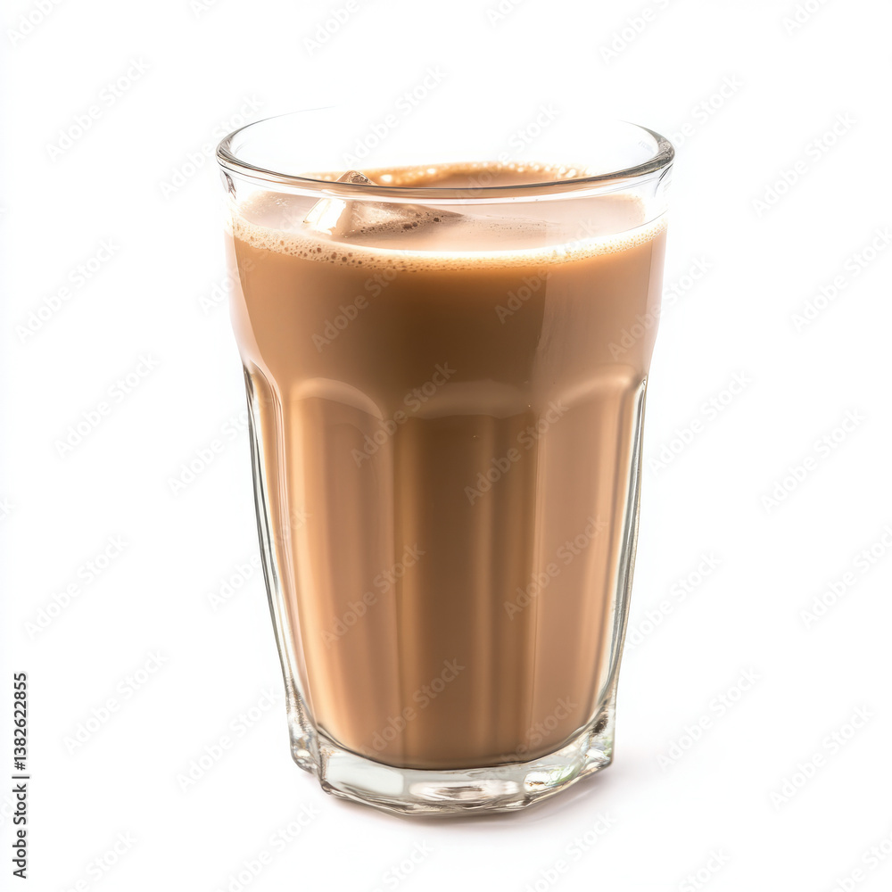 A glass of jigarthanda, with a refreshing drink made from milk, almond gum, and sarsaparilla syrup, isolated on clean white background. A glass of jigarthanda, with a refreshing drink made from milk, almond gum, and sarsaparilla syrup, isolated on clean white background.