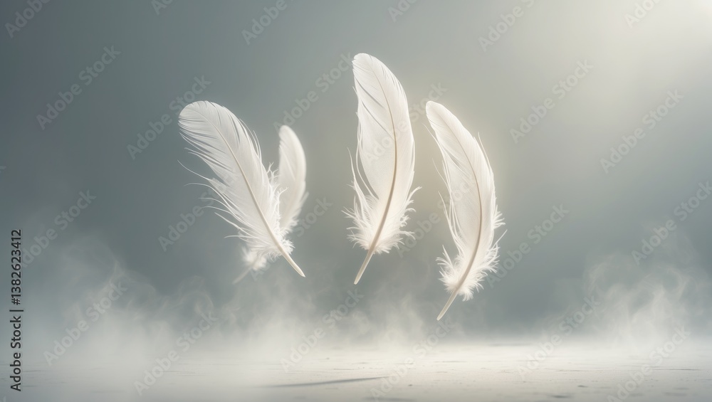 Abstract White Bird Feathers Descending in The Sky. Softness of Feathers Gliding in Heavenly. Feathers Against Background. Abstract White Bird Feathers Descending in The Sky. Softness of Feathers Gliding in Heavenly. Feathers Against Background.