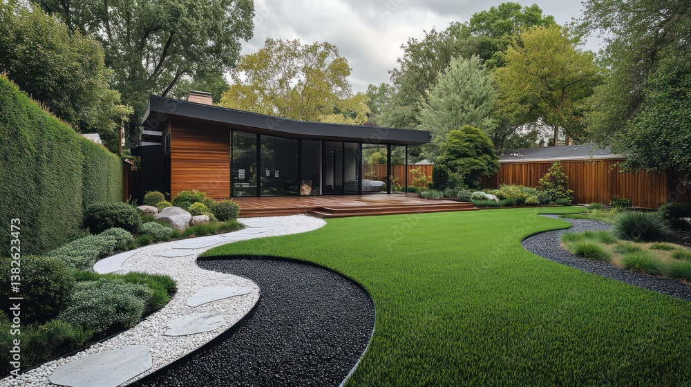 Modern home backyard with curved pathways and landscaping. Possible use Stock photo for architecture, design, or home improvement Modern home backyard with curved pathways and landscaping. Possible use Stock photo for architecture, design, or home improvement